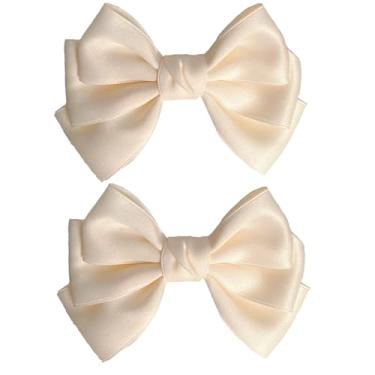 Imagem de Xeahung 2 peças de presilhas de cabelo com laço de fita rosa para mulheres, laços, presilhas de rabo de cavalo com laços, presilhas de metal para crianças, meninas, adolescentes e adultos (bege)