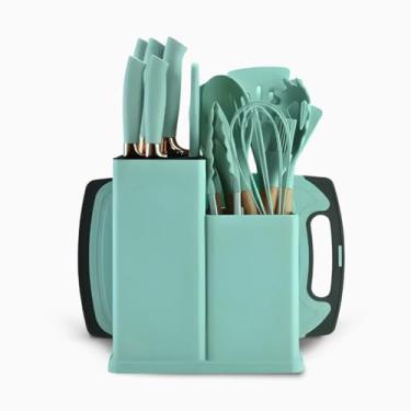 Imagem de Utensilios para Cozinha Silicone Kit com 19 Peças Cabo Madeira Conjunto Completo Espátula Concha Colher Jogo Suporte Faca Faqueiro Antiaderente Tabua Tesoura (Azul)