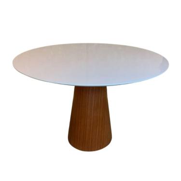 Imagem de Mesa Cone 110cm Base Madeira Natural Mogno e Tampo Branco