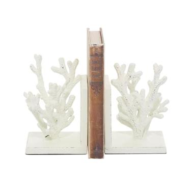 Imagem de Deco 79 Suportes de livros decorativos de metal coral antiderrapantes, conjunto de 2 suportes para livros de escritório 13 cm L, 18 cm A, branco