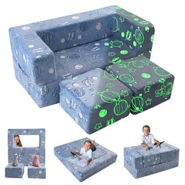 Imagem de MeMoreCool Sofá infantil modular, que brilha no escuro, sofá infantil, sofá, espreguiçadeira dobrável azul para meninas e meninos, quarto e sala de jogos