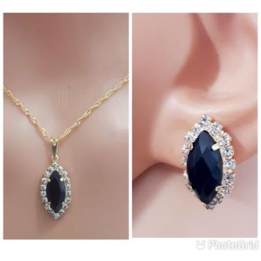 Imagem de Conjunto Colar e Brinco Formato Navete com Strass Folheado Ouro 18k An