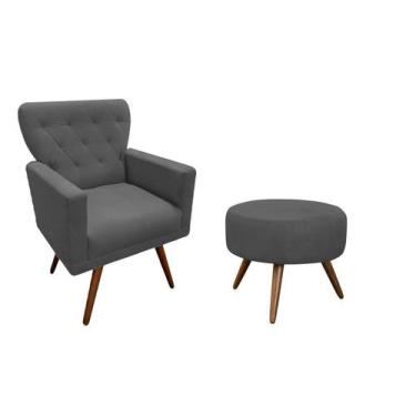 Imagem de Kit Poltrona Decorativa Aurora + 1 Puff Redondo Suede Cinza Pés Madeir
