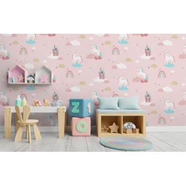 Imagem de Papel de Parede Rosa Unicórnio e Arco Íris - Rolo com 9,50 Metros  Dec