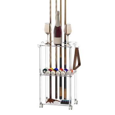 Imagem de Sumerflos Suporte de acrílico para taco de sinuca com rodízios – comporta 10 tacos e 16 bolas transparentes, suporte para tacos de sinuca para sala de jogos de bilhar, portátil