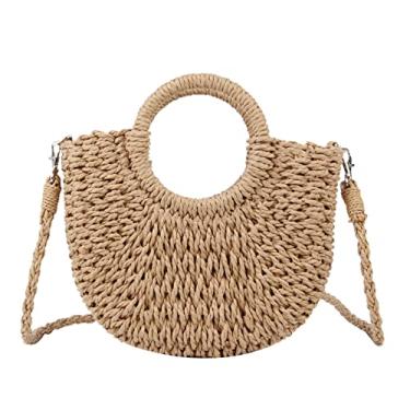 Imagem de Freie Liebe Bolsas pequenas de palha de tecido de praia para mulheres bolsas transversais de vime de verão bolsas de mão com alça superior, Caqui, Small