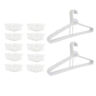 Imagem de Kit 10 Cestos Organizador 16x12x6Cm Branco + 10 Cabides - 123 Organize