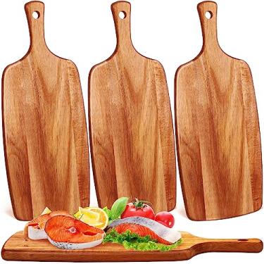 Imagem de Tábua de corte de madeira de acácia com alça de madeira de acácia tábuas de cortar para cozinha de madeira tábuas de charcutaria, placa decorativa de manteiga, bandeja de servir para pão, carne, frutas, queijo, pizza e legumes (43,7 x 18,7 cm)