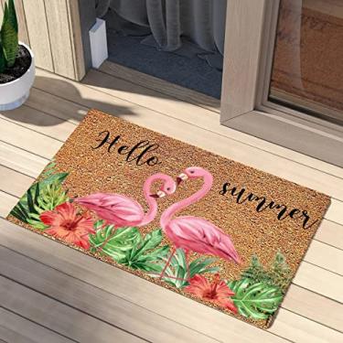Imagem de Tapete de porta de coco Hello Summer Happy Life, flamingo, ambientes internos, externos, para entrada, seca, rapidamente, cursivo, suporte liso, fácil de limpar, resistente ao desbotamento, presentes