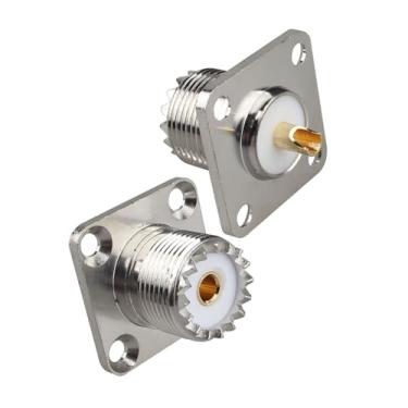 Imagem de Futheda 2 peças SO239 UHF fêmea 4 furos painel montagem chassi conector solda adaptador coaxial RF flange copo de solda conector reto UHF plugue fêmea para plugue macho PL259