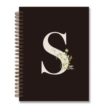 Imagem de foedor Caderno espiral de capa dura personalizado moderno, caderno preto com letra inicial S, presentes com monograma para mulheres adolescentes, caderno espiral de capa dura pautado para faculdade,