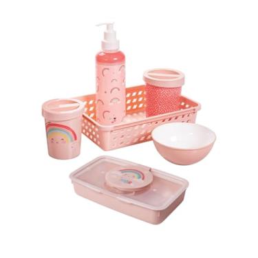 Imagem de Kit Higiene Infantil 6 Peças Porta Lenço Umedecido Cotonete Cesto Bebê Uso Diário (Arco Íris)