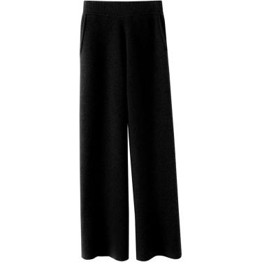 Imagem de Calça feminina confortável de caxemira, calça de corrida macia para outono e inverno de lã com cintura elástica e perna larga reta, marrom, P (150-155 cm)