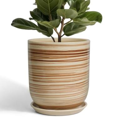 Imagem de SUNPOTFOR Vaso de cerâmica de 25,4 cm - Vasos de cerâmica para plantas de interior ao ar livre grande vaso com orifício de drenagem e pires cilindro vaso de flores amarelo