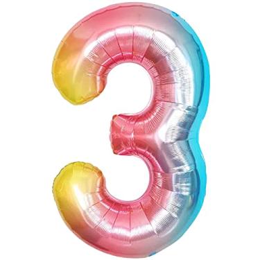 Imagem de Balão arco-íris número 3 para 3º aniversário – Grande, 101 cm | Balões arco-íris de 3º aniversário | Balão gradiente número três para decorações de festa de aniversário para meninas | Decoração de festa de sereia e unicórnio
