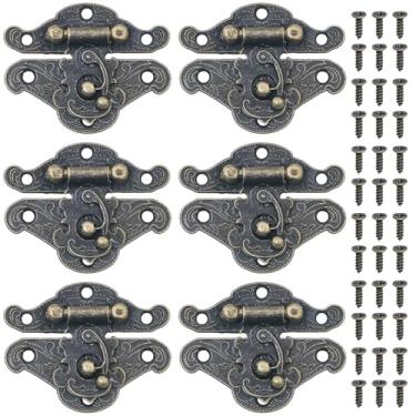 Imagem de FMHXG 6 peças de caixa de madeira antiga ferrolho liga de zinco fecho de bloqueio trompete com fecho de caixa de chave fecho de decoração de casa dobradiça de orelha de madeira fecho de caixa oculto