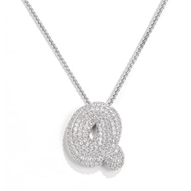 Imagem de KissYan Colar com letras de bolha, banhado a ouro 14 K, corrente com pingente com inicial de balão, colar delicado de zircônia cúbica, presente para mulheres, M-20mm, Latão, Zircônia cúbica