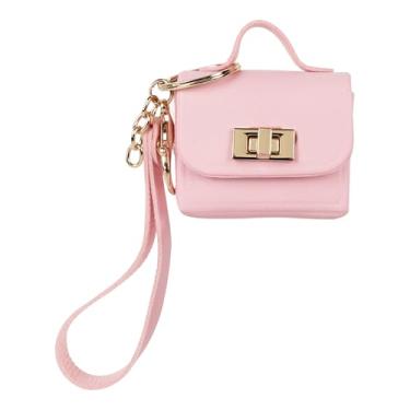 Imagem de BUNCHBRAVO Mini chaveiro de bolsa feminina – Lindo pingente de bolsa rosa com fecho dourado, capa de fone de ouvido de couro sintético, rosa, Mini