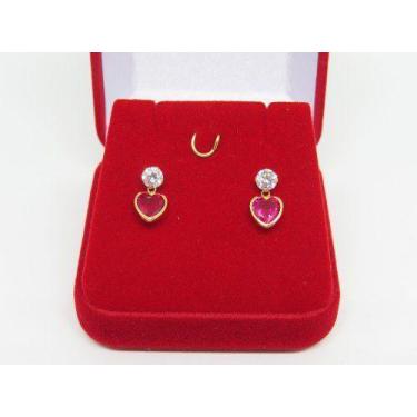Imagem de Brinco Pedra Coração Vermelho Rubi Ouro 18k 750 - DR Joias