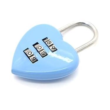 Imagem de Mini cadeado de combinação azul em forma de coração de 3 dígitos - cadeado com código redefinível para escola, academia, cercas, caixas de ferramentas - cadeado elegante e seguro para meninas e