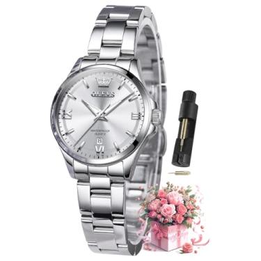 Imagem de OLEVS Relógios femininos luxuosos, elegantes, de aço inoxidável, à prova d'água, luminosos, diamantes, modernos, relógios femininos para pulsos pequenos, relógio feminino todo prateado, relógio