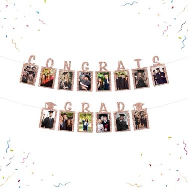Imagem de Congrats Grad Photo Banner Formatura Papel Moldura para Fotos Ensino Médio Faculdade Formatura Bunting Decorações Class of 2025 Banner Rose Gold Glitter