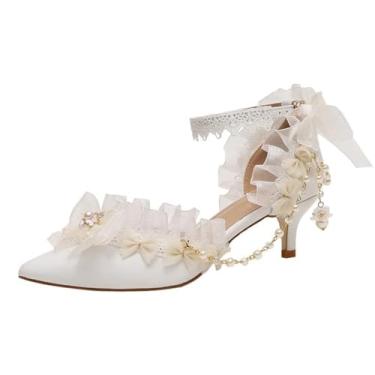Imagem de STARSHINE RESPLENDENT Sweet lace lorita vestido de noiva de salto alto sapatos femininos com franjas brancas flores pontiagudas sandálias de salto alto menina salto médio sapatos de salto baixo, Salto