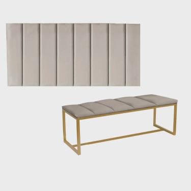 Imagem de Kit Painel Carla e Calçadeira Industrial 195cm King Size Box Ferro Dourado Suede Bege - Ahz Móveis