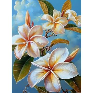 Imagem de HMDIIMGE DIY The Unique Plumeria Flower Diamond Painting Kits 5D Round Diamond Painting for Adult Plumeria Diamond Art Kit para decoração de parede, decoração de sala de estar, 30,5 x 40,6 cm