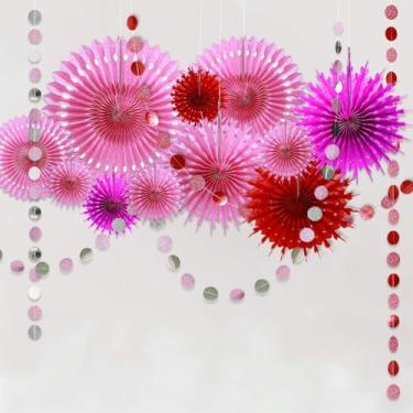 Imagem de Decoração de festa rosa vermelha rosa com pompom para pendurar, leque de papel brilhante e circular com bolinhas, pano de fundo de serpentina, quarto de meninas, festa de aniversário, chá de noiva, despedida de solteira, decoração de aniversário