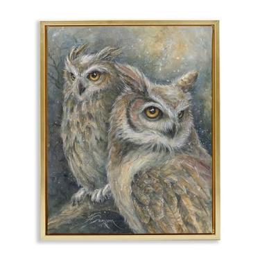 Imagem de Stupell Industries Par de coruja neutra emplumada dourada moldura flutuante arte de parede, design por Jody Bergsma, 25 x 31