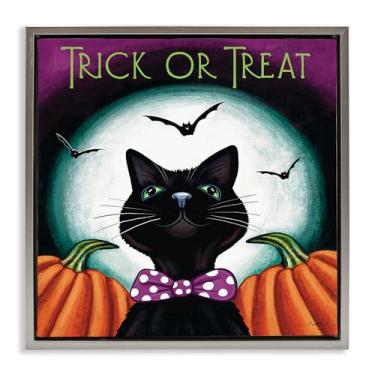 Imagem de Stupell Industries Arte de parede em tela flutuante com moldura de gato Trick Or Treat cinza, design de Elizabeth Tyndall, 63 x 63 cm