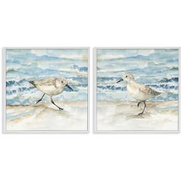 Imagem de Stupell Industries Sandpipers Treading Beach Shore Conjunto de arte giclée emoldurado branco de 2 peças, design por Nan, 61 x 61 cm