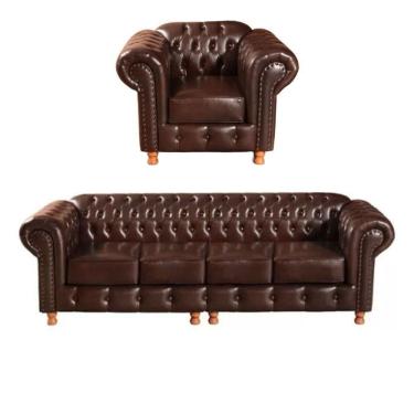 Imagem de Conjunto Sofá 4 Lugares E Poltrona Chesterfield Luís Xv Vintage Retrô Capitonê Couro Marrom