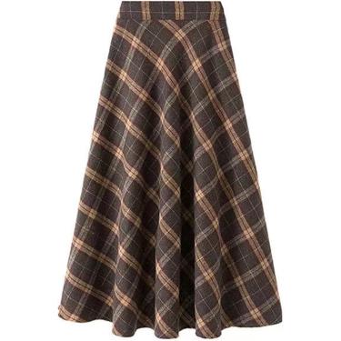Imagem de Saias Femininas Outono E Inverno Saia Midi De Lã De Cintura Alta: Xadrez Retrô Saia Longa Plissada, A, 3XL