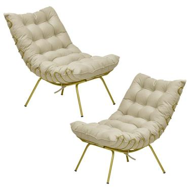 Imagem de Kit 2 Poltronas Abel Base de Ferro Dourada Veludo Bege