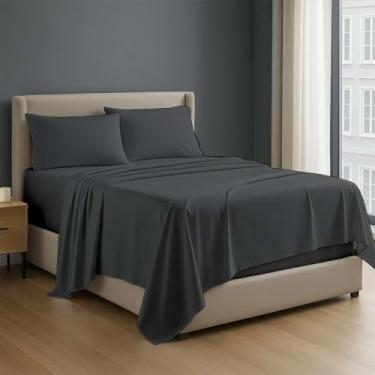 Imagem de Jogo de cama premium de 4 peças, algodão Queen, 100% algodão egípcio, 400 fios, bolso profundo de lençóis de algodão, cinza escuro liso