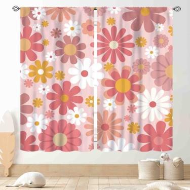 Imagem de Cortinas florais Boho dos anos 70, retrô, abstrata, hippie, descolada, colorida, brilhante, tríplice estética, rosa, drapeado para quarto, sala de estar, cozinha, banheiro, janela, 2 painéis, 107 x