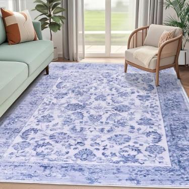 Imagem de BNUNWISH Boho Tapete vintage lavável 1,8 m x 2,8 m com suporte antiderrapante, tapete macio de pelo baixo, tapete dobrável para sala de estar, quarto, sala de jantar, escritório, azul