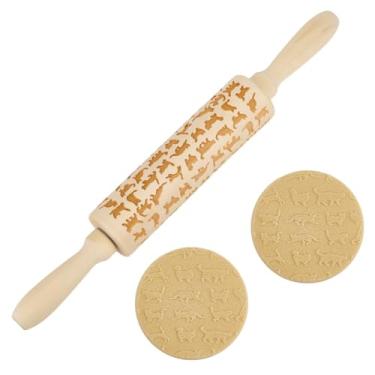 Imagem de DELORIGIN Rolo de massa de madeira em relevo de gato com 34 cm de comprimento para assar biscoitos, padrão 3D, faça você mesmo, utensílios de cozinha, acessórios de panificação, pastelaria, biscoitos