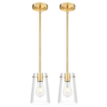 Imagem de Beionxii Luminárias Pendentes Para Ilha De Cozinha, Pacote Com 2, Iluminação Moderna Em Dourado Escovado Sobre A Ilha, Pendurada Vidro Transparente Pia, Sala Jantar, Entrada, Bx-Pl03Bg-2Cg