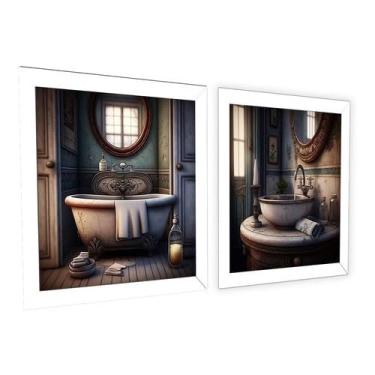 Imagem de Kit 2 Quadros Banheiro, Lavabo, Parisian Vintage Duo +vidro (Branco)
