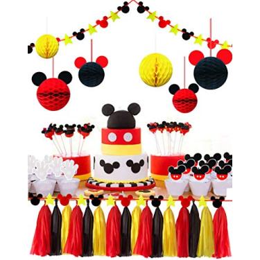 Imagem de ZOIN Suprimentos de festa colmeia bolas estrelas guirlanda banner papel de tecido borlas para Mickey Minnie tema festa aniversário chá de bebê kits de decoração (vermelho amarelo preto)