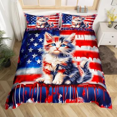 Imagem de Manfei Capa de edredom de gato fofo, vermelho azul tie dye para presente de quarto de meninas e meninos, conjunto de cama decorativo com bandeira americana com 2 fronhas (sem edredom), casal