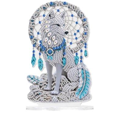 Imagem de TDFERAN 15x20cm DIY Diamond Desktop Ornament Wolf Crystal Art Painting Tabletop Ornaments Dream Catcher Diamant Ornament White Wolf Blue Diamond for Adult Beginner Home Office Decor Crafts