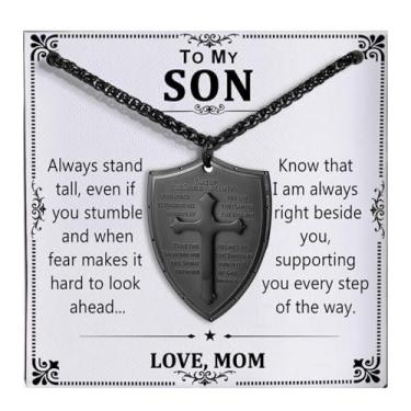 Imagem de Colar To My Son de aço inoxidável com pingente de escudo cruzado para homens, joias religiosas cristãs, presentes de aniversário inspiradores para filho, Aço inoxidável, Sem Pedra Preciosa