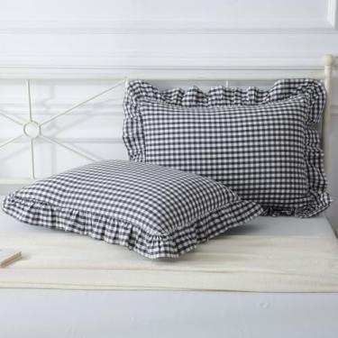 Imagem de Mywinlle Conjunto de 2 capas de travesseiro xadrez preto/branco com babados tamanho padrão, capas de almofada xadrez de algodão lavado, guingão, fronhas de fazenda 51 x 66 cm