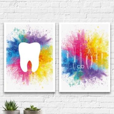 Imagem de Kit 2 Quadros Para Dentista Aquarela 24X18Cm - Vidro Branca