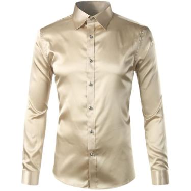 Imagem de Camisas Masculinas De Cetim Brilhante De Seda Como Camisas Sociais Casual Dance Party Camisa De Smoking De Manga Comprida, Light Yellow, L