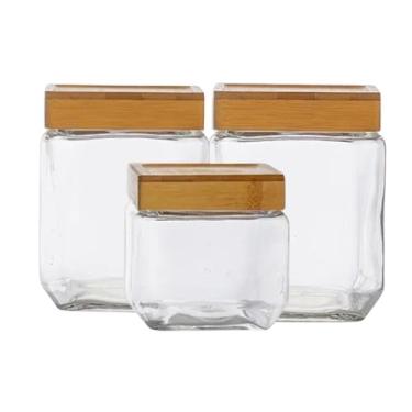 Imagem de Conjunto de Potes de Vidro Herméticos, Tampa de Bambu, 3 Peças, 2x1250ml e 880ml, Design Quadrado